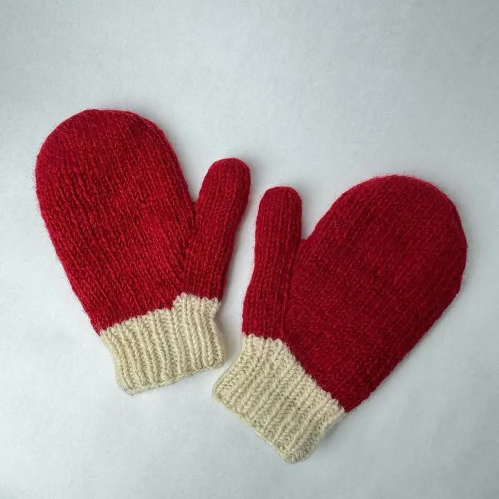 Wool Knit Santa Holiday‎ Mittens Fleece Lined Red Cream Off-white Adult 9”x4.5”